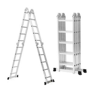 5.7m foldable aluminum multipurpose ladder in A-frame position, featuring 4 panels of 5 steps, locking hinges, and anti-slip feet.