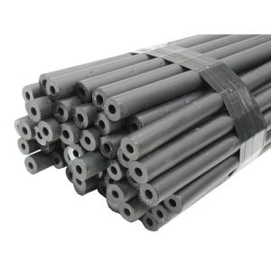 Black plastic tube insulators for electric fencing wire on wooden posts