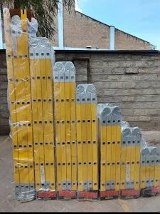 Close-up of non-slip aluminum ladders feet and sturdy locking mechanism