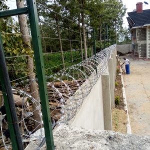 Wall-top electric fence installed above coiled concertina razor wire on a residential perimeter wall