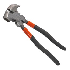 Multi-purpose fencing pliers featuring a serrated nose for gripping, built-in wire cutters, and a claw/hammer head for driving or removing fence staples.