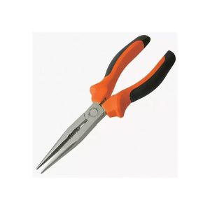 6 inch long nose pliers with red and black ergonomic handles on white background