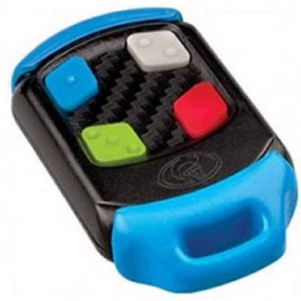 Genuine Centurion Nova 4-button gate remote with blue buttons and keyring, front view