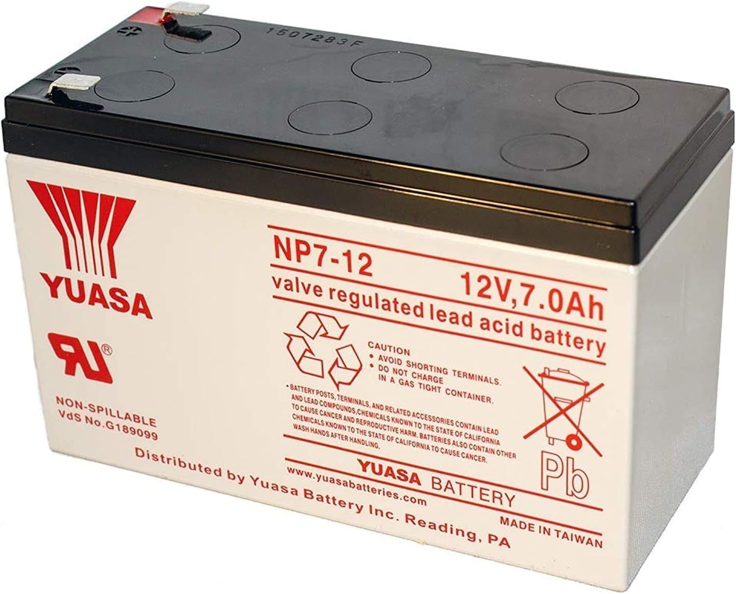 Yuasa NP7-12 12V 7Ah AGM battery with F1 terminals for UPS and alarm.