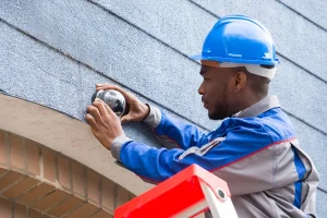 A technician from Protech Line Ltd installing a CCTV camera on a wall